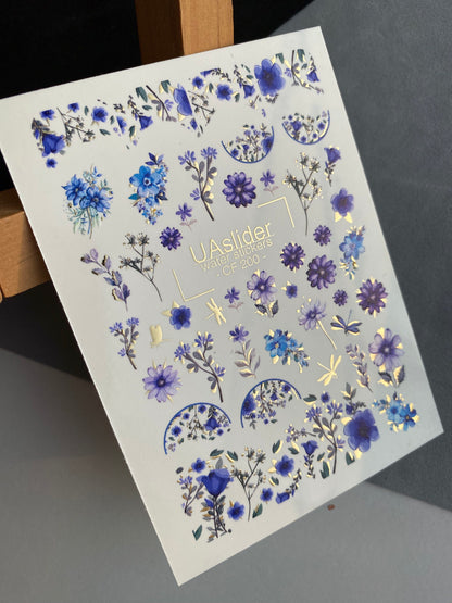 ملصق مائي للأظافر CF-200 | ملصقات مائية للأظافر | نقوش زهرية باللونين الأزرق والبنفسجي