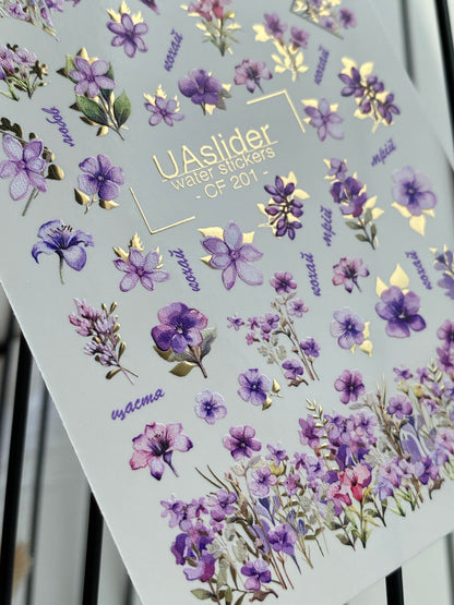 מדבקת מים לציפורניים CF-201 | מדבקות מים לציפורניים | פרחים סגולים וורודים עם נגיעות זהב