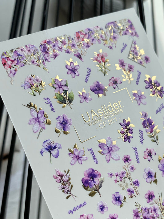 Nail Water Decal CF-201 | Nail Water Decals | Purple & Pink Florals with Gold Accents