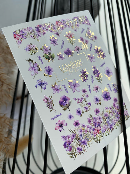 מדבקת מים לציפורניים CF-201 | מדבקות מים לציפורניים | פרחים סגולים וורודים עם נגיעות זהב