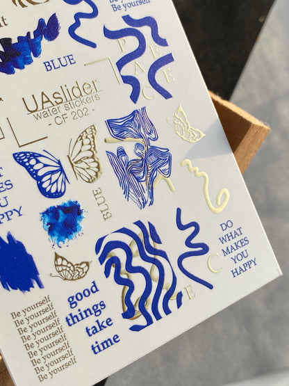 Nail Water Decal CF-202 | Abstract Water Slide Nail Decals, Blue & Gold Foil Waves with Butterflies and Quotes