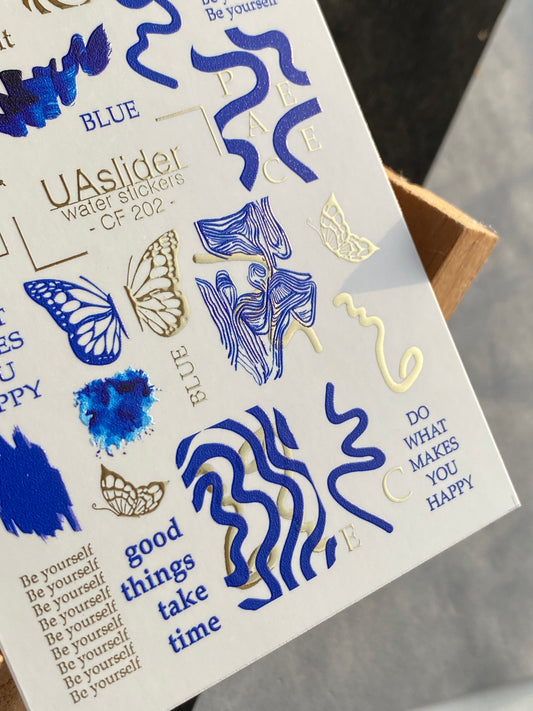 Nail Water Decal CF-202 | Abstract Water Slide Nail Decals, Blue & Gold Foil Waves with Butterflies and Quotes
