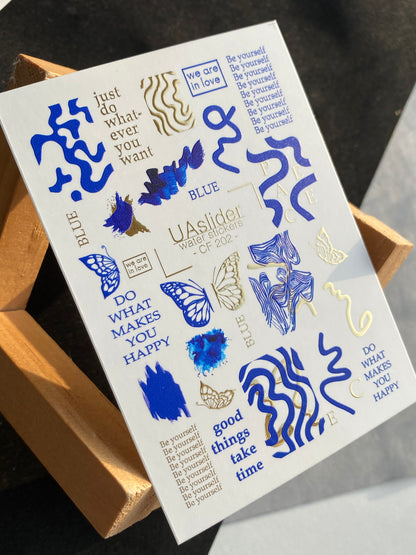 Nail Water Decal CF-202 | Abstract Water Slide Nail Decals, Blue & Gold Foil Waves with Butterflies and Quotes