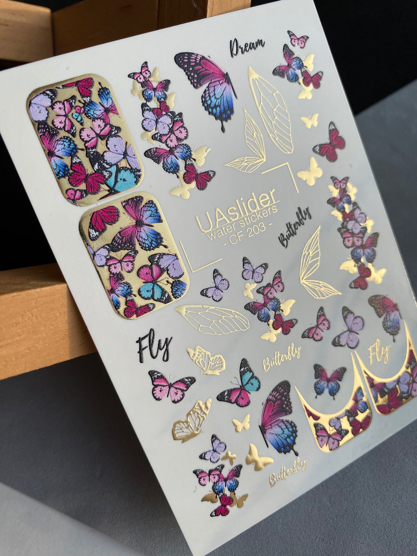 Nail Water Decal CF-203 | Nail Water Decals | Colorful Butterflies with Gold Accents