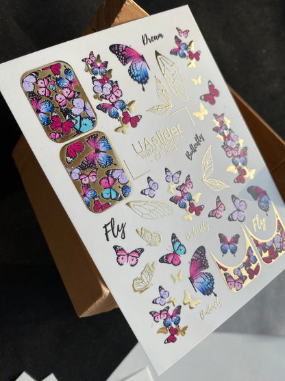 Nail Water Decal CF-203 | Nail Water Decals | Colorful Butterflies with Gold Accents