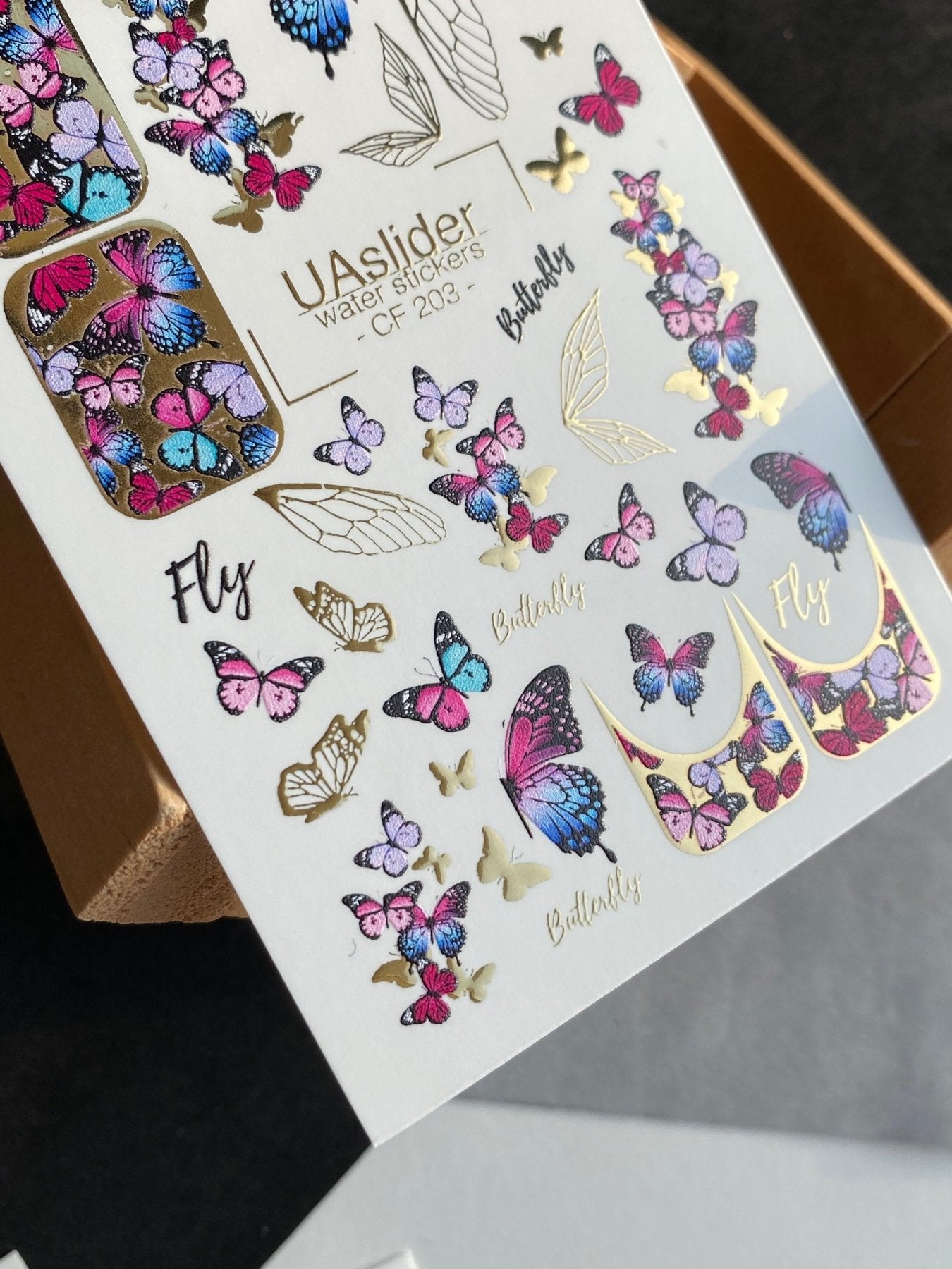 Nail Water Decal CF-203 | Nail Water Decals | Colorful Butterflies with Gold Accents - UASLIDER