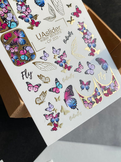 Nail Water Decal CF-203 | Nail Water Decals | Colorful Butterflies with Gold Accents
