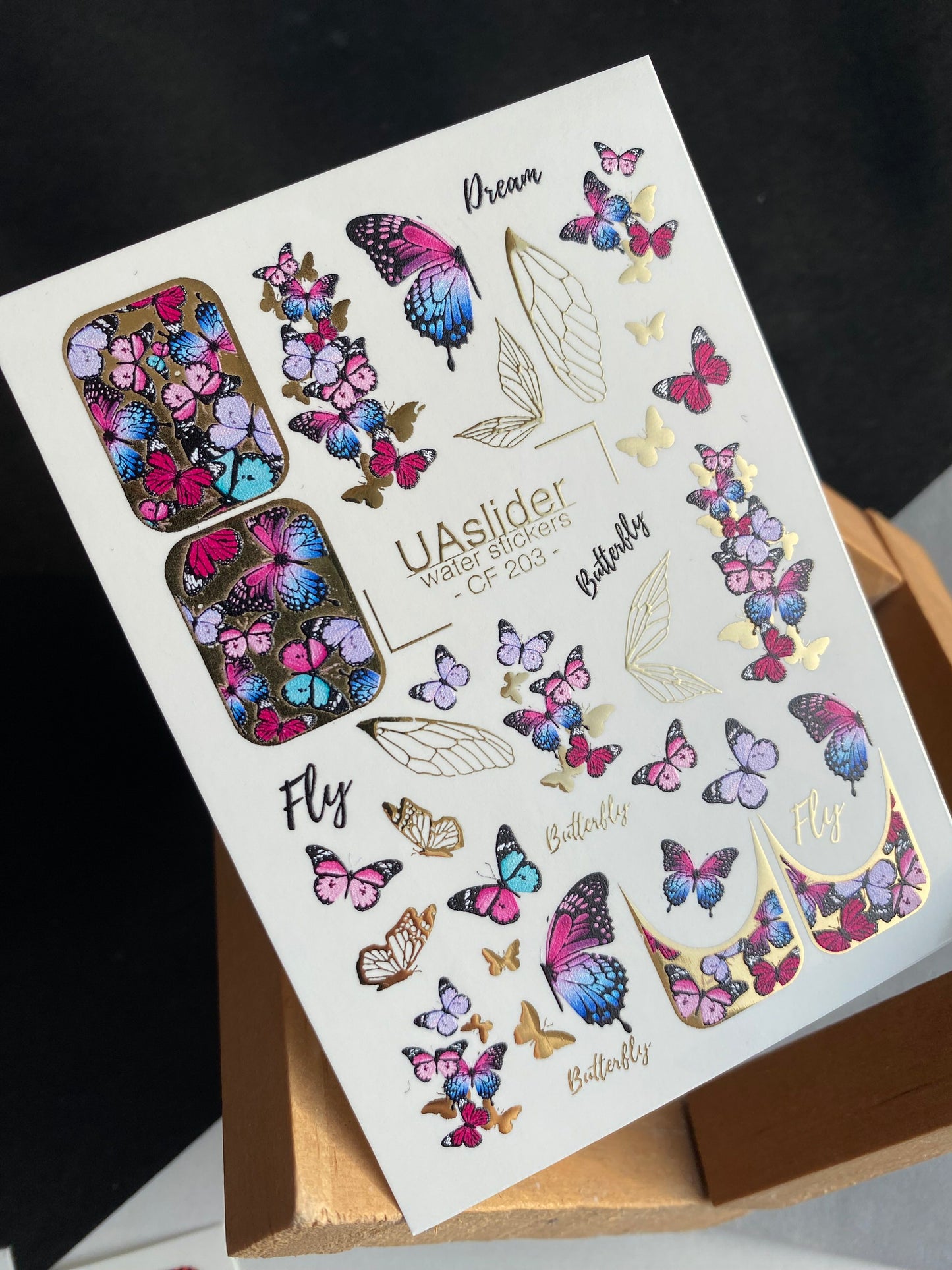 Nail Water Decal CF-203 | Nail Water Decals | Colorful Butterflies with Gold Accents