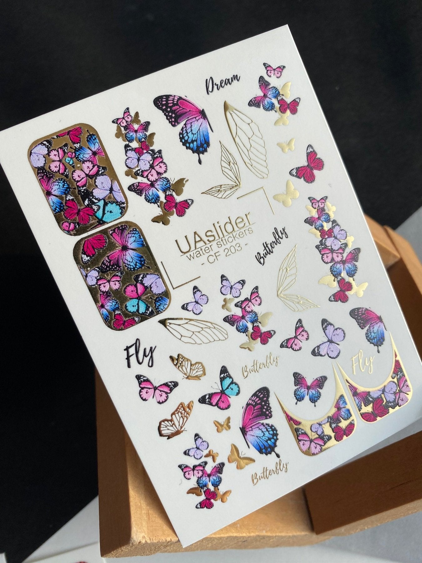 Nail Water Decal CF-203 | Nail Water Decals | Colorful Butterflies with Gold Accents - UASLIDER