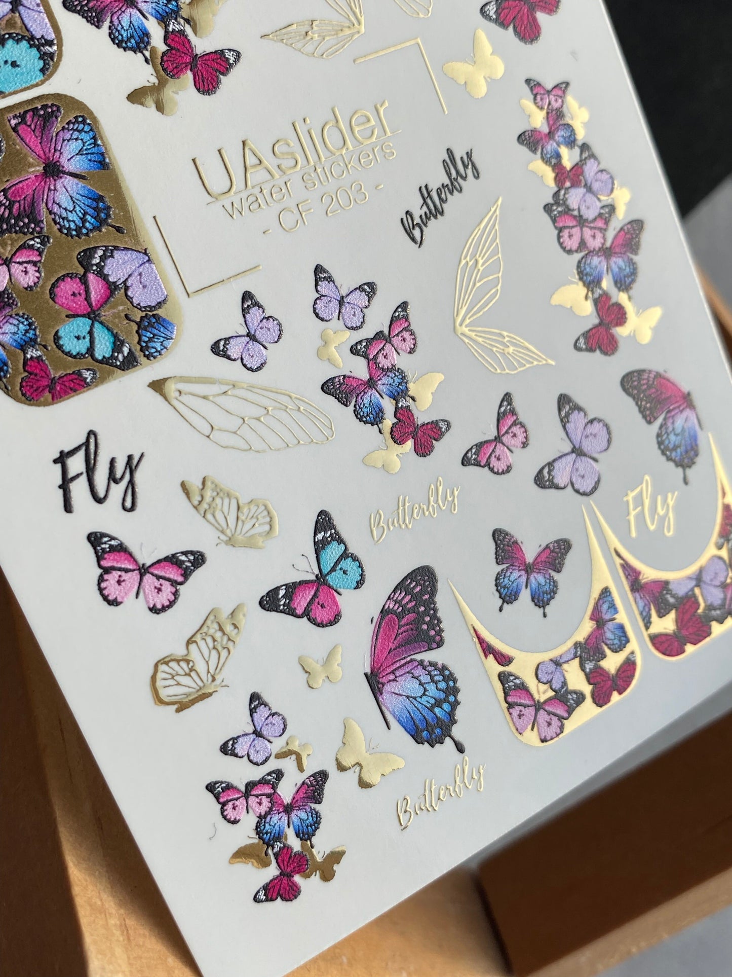 Nail Water Decal CF-203 | Nail Water Decals | Colorful Butterflies with Gold Accents