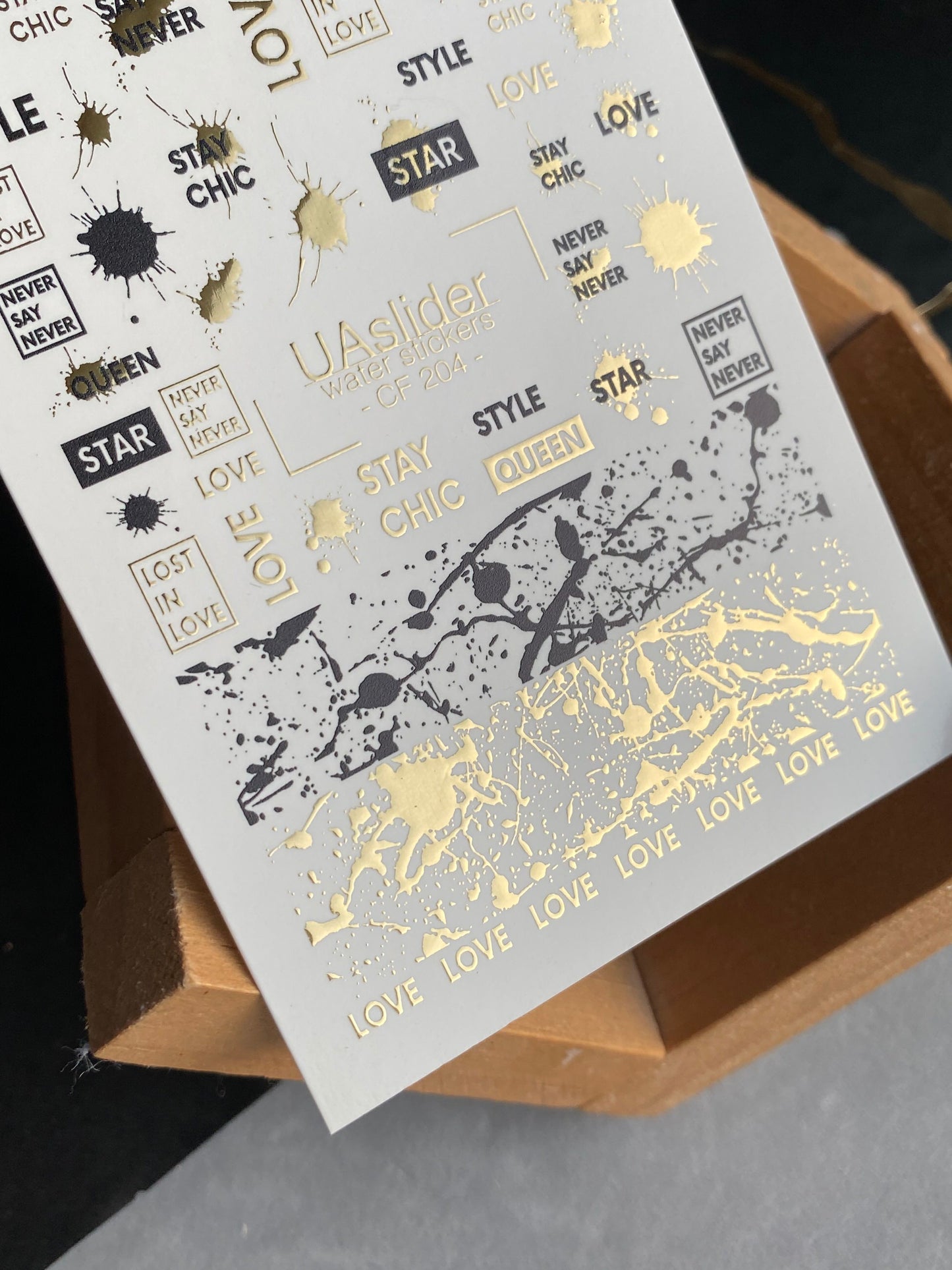 Nail Water Decal CF-204 | Nail Water Decals | Words & Paint Splashes with Gold Accents