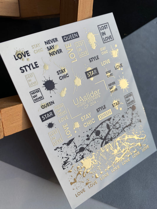 Nail Water Decal CF-204 | Nail Water Decals | Words & Paint Splashes with Gold Accents