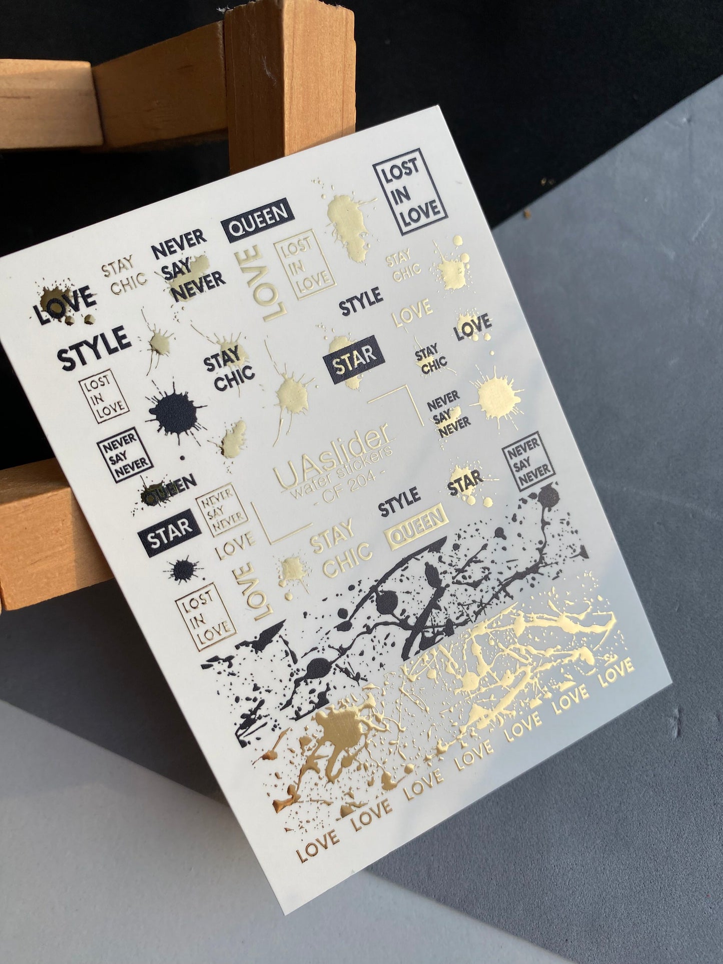 Nail Water Decal CF-204 | Nail Water Decals | Words & Paint Splashes with Gold Accents