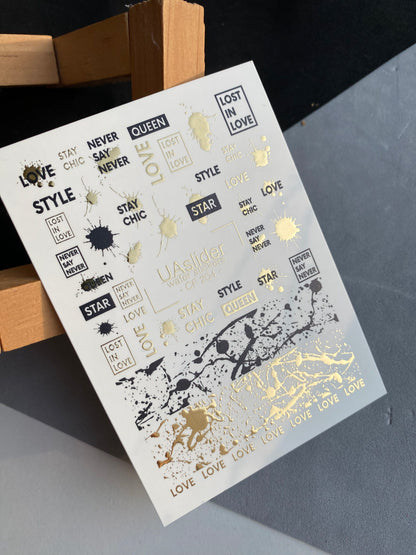 Nail Water Decal CF-204 | Nail Water Decals | Words & Paint Splashes with Gold Accents