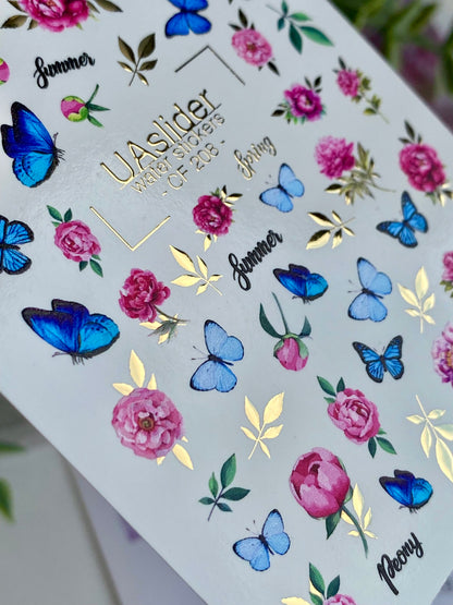 ملصق مائي للأظافر CF-208 | ملصقات مائية للأظافر | أزهار الفاونيا والفراشات الزرقاء مع ورق ذهبي