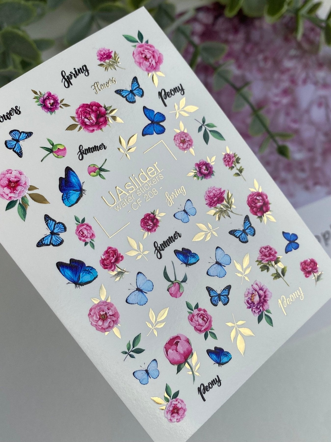 Nail Water Decal CF-208 | Nail Water Decals | Peonies and Blue Butterflies with Gold Foil - UASLIDER