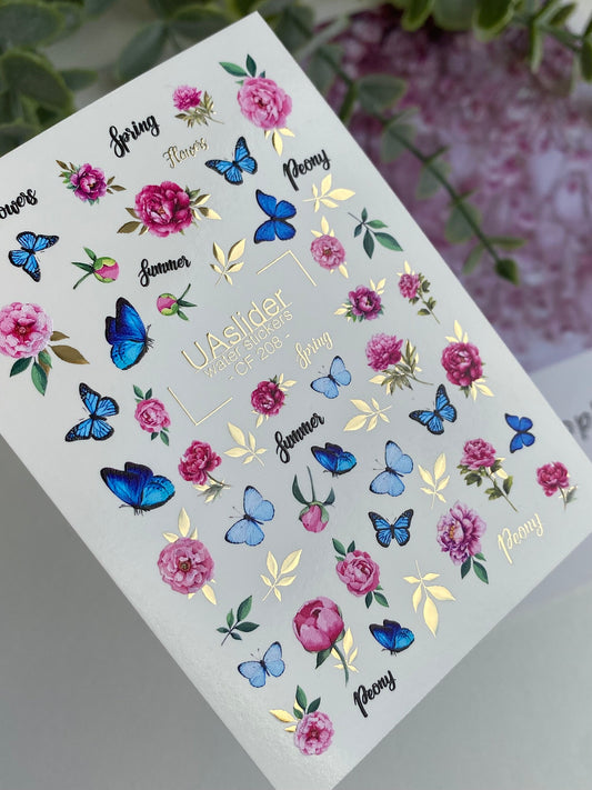 Nail Water Decal CF-208 | Nail Water Decals | Peonies and Blue Butterflies with Gold Foil