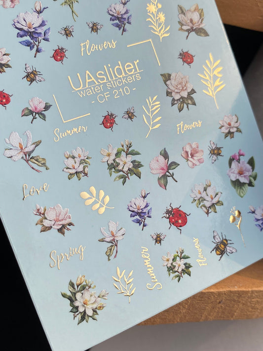 Nail Water Decal CF-210 | Nail Water Decals | Flowers, Bees & Ladybugs with Gold Foil