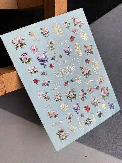 ネイルウォーターデカール CF-210 | ネイルウォーターデカール | 金箔入りの花、ミツバチ、テントウムシ