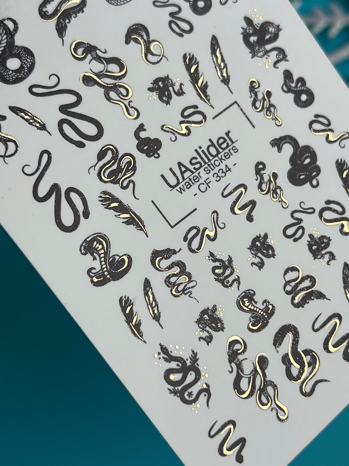 Nail Water Decal CF-334 | Water Slide Nail Decals | Black and Gold Snakes & Feathers