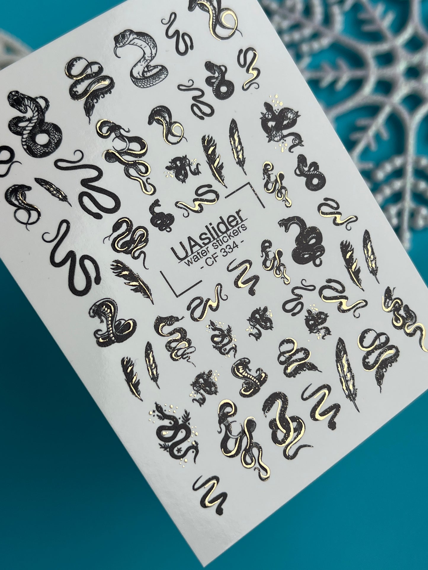 Nail Water Decal CF-334 | Water Slide Nail Decals | Black and Gold Snakes & Feathers