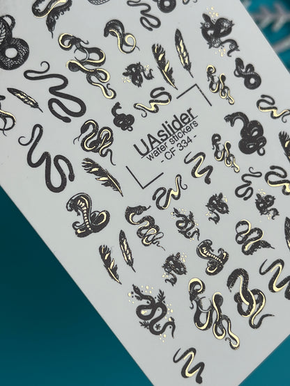 Nail Water Decal CF-334 | Water Slide Nail Decals | Black and Gold Snakes & Feathers