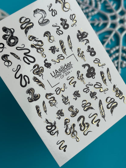 Nail Water Decal CF-334 | Water Slide Nail Decals | Black and Gold Snakes & Feathers