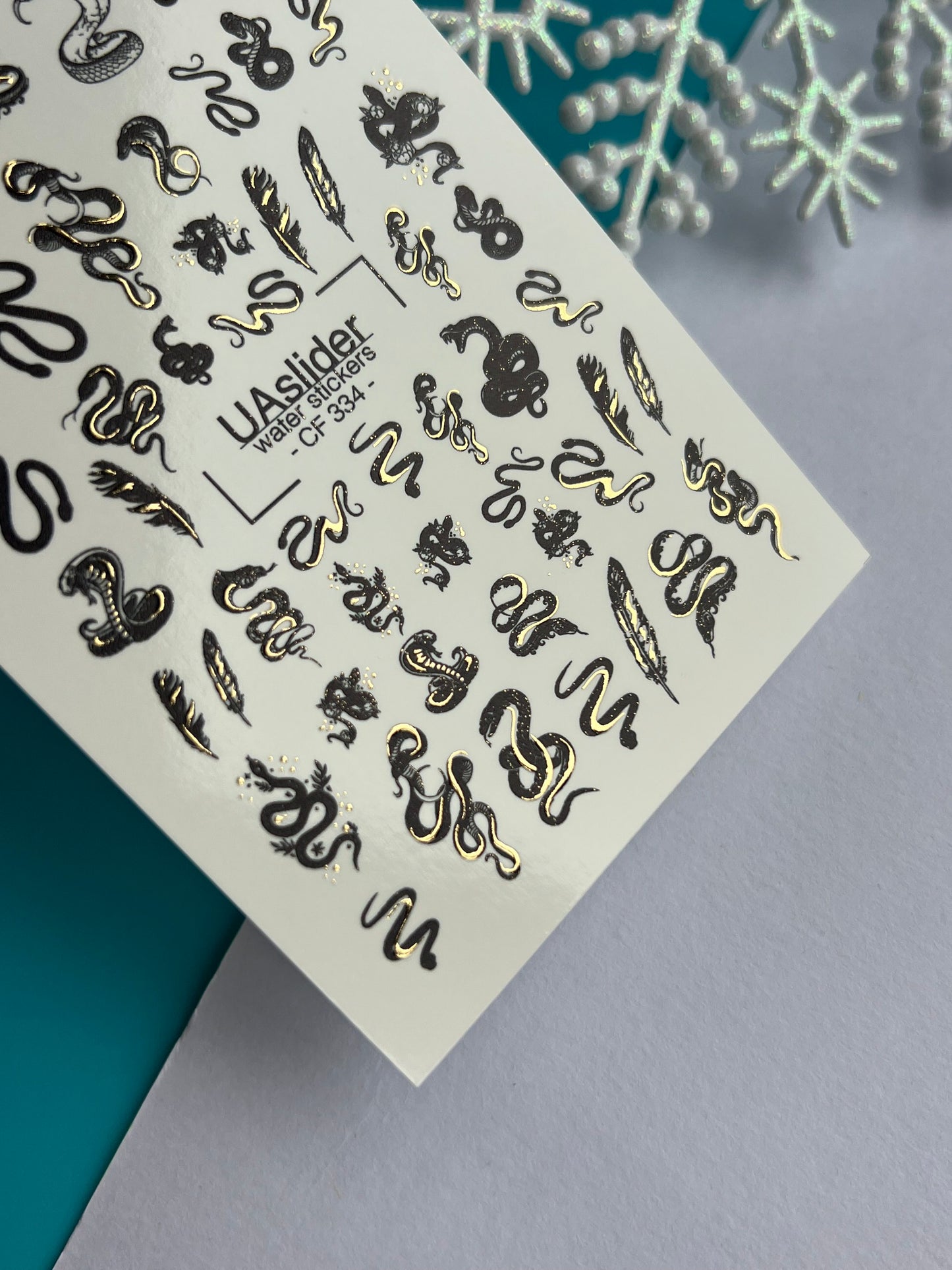 Nail Water Decal CF-334 | Water Slide Nail Decals | Black and Gold Snakes & Feathers