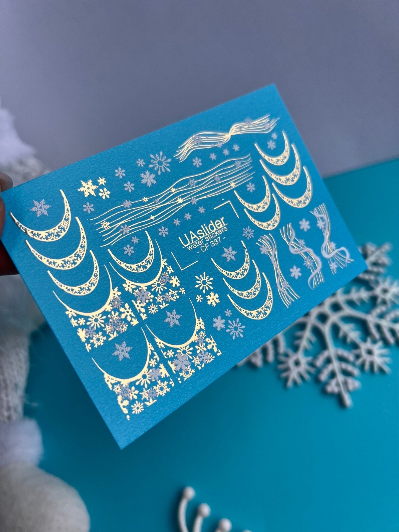 Nail Water Decal CF-337 | Water Slide Nail Decals | Gold Snowflake French Tips & Winter Lines - UASLIDER