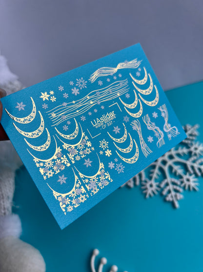 Nail Water Decal CF-337 | Water Slide Nail Decals | Gold Snowflake French Tips & Winter Lines