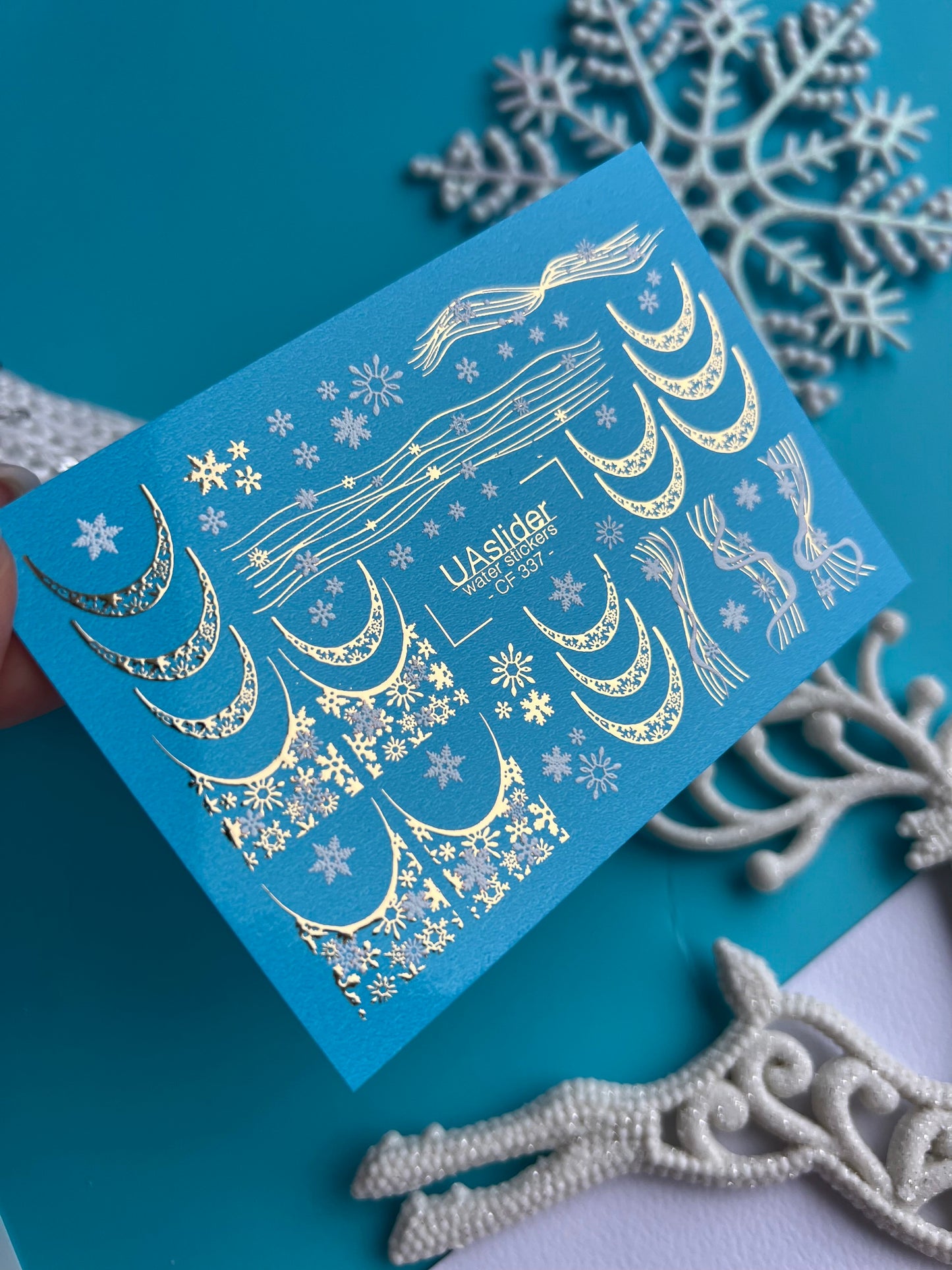 Nail Water Decal CF-337 | Water Slide Nail Decals | Gold Snowflake French Tips & Winter Lines