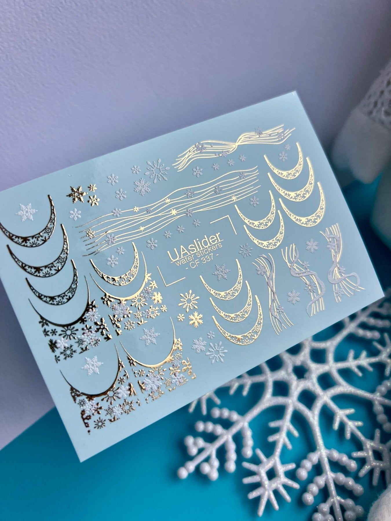 Nail Water Decal CF-337 | Water Slide Nail Decals | Gold Snowflake French Tips & Winter Lines - UASLIDER