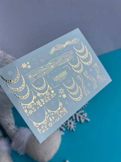 Nail Water Decal CF-337 | Water Slide Nail Decals | Gold Snowflake French Tips & Winter Lines