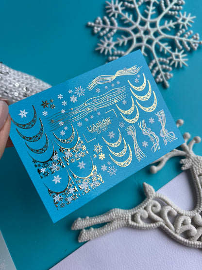 Nail Water Decal CF-337 | Water Slide Nail Decals | Gold Snowflake French Tips & Winter Lines