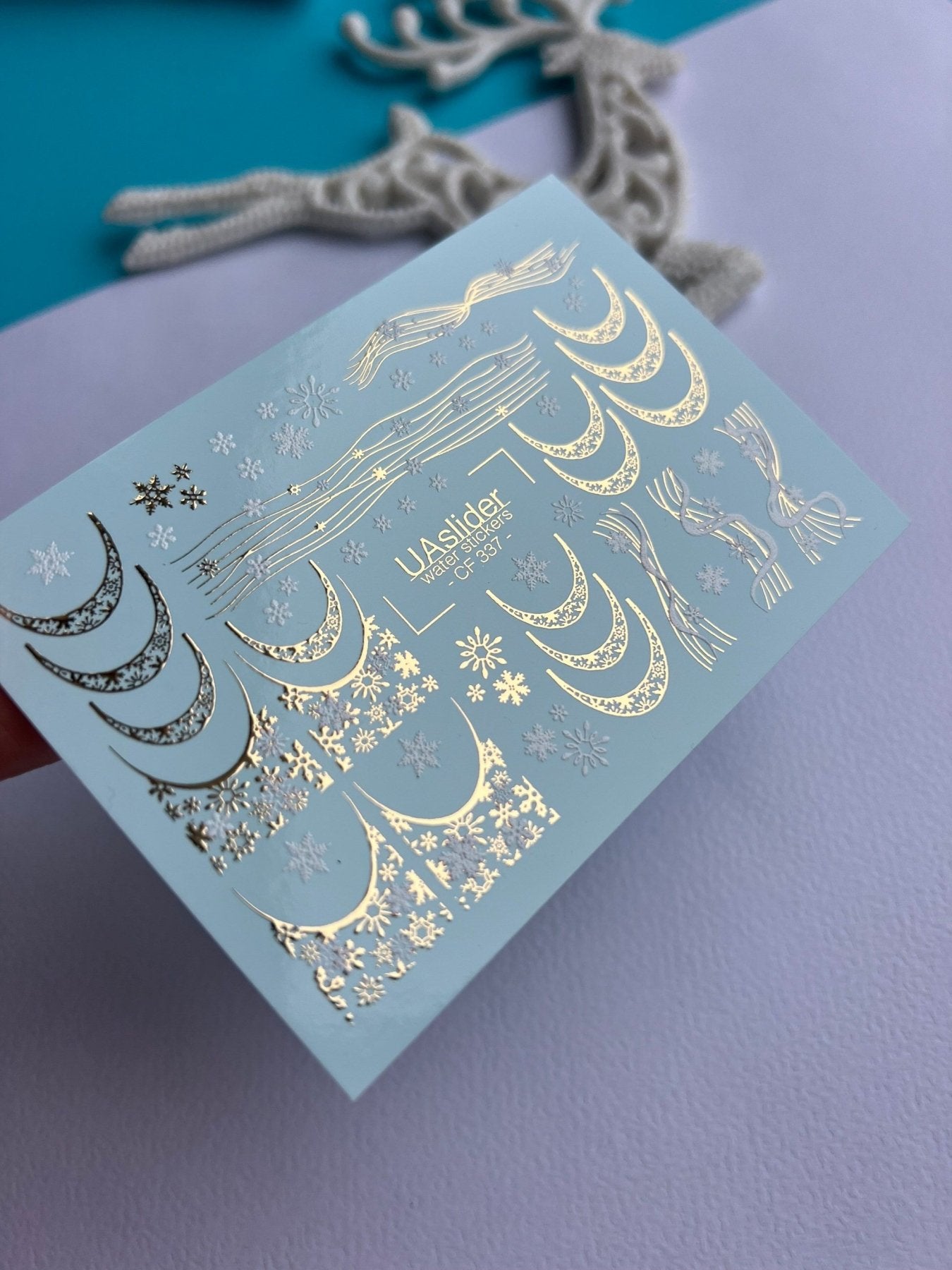 Nail Water Decal CF-337 | Water Slide Nail Decals | Gold Snowflake French Tips & Winter Lines - UASLIDER