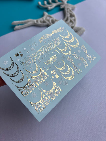 Nail Water Decal CF-337 | Water Slide Nail Decals | Gold Snowflake French Tips & Winter Lines