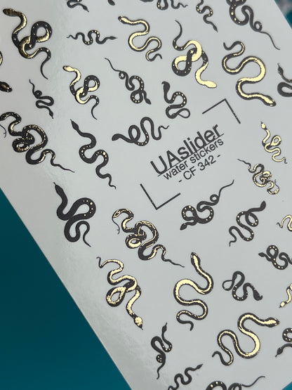Nail Water Decal CF-342 | Water Slide Nail Decals | Black & Gold Snakes