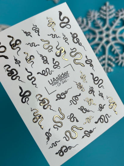 Nail Water Decal CF-342 | Water Slide Nail Decals | Black & Gold Snakes