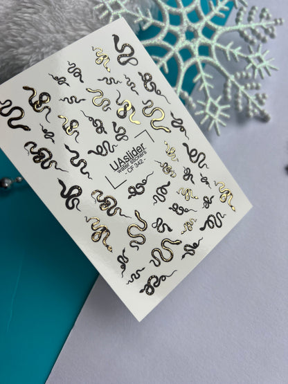 Nail Water Decal CF-342 | Water Slide Nail Decals | Black & Gold Snakes