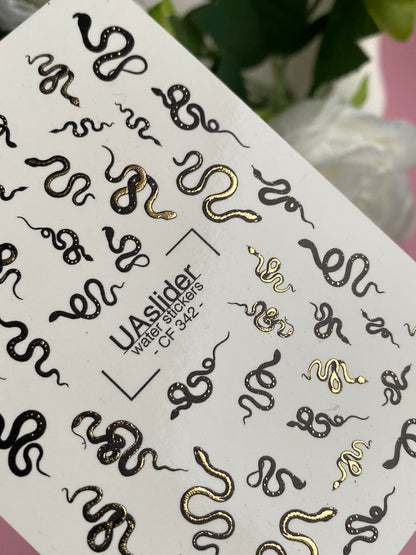 Nail Water Decal CF-342 | Water Slide Nail Decals | Black & Gold Snakes