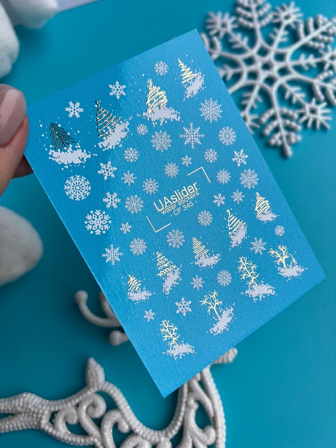 Nail Water Decal CF-345 | Water Slide Nail Decals | Christmas Trees & Snowflakes in Gold and White - UASLIDER