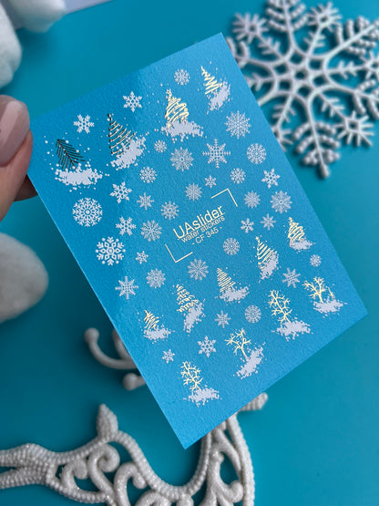 Nail Water Decal CF-345 | Water Slide Nail Decals | Christmas Trees & Snowflakes in Gold and White