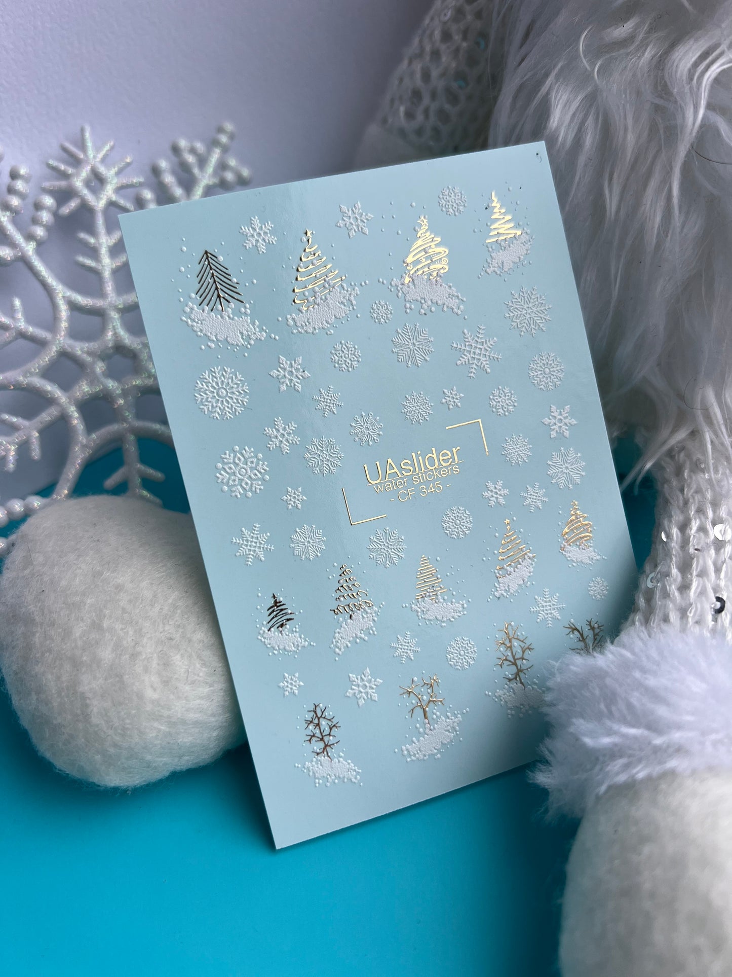 Nail Water Decal CF-345 | Water Slide Nail Decals | Christmas Trees & Snowflakes in Gold and White