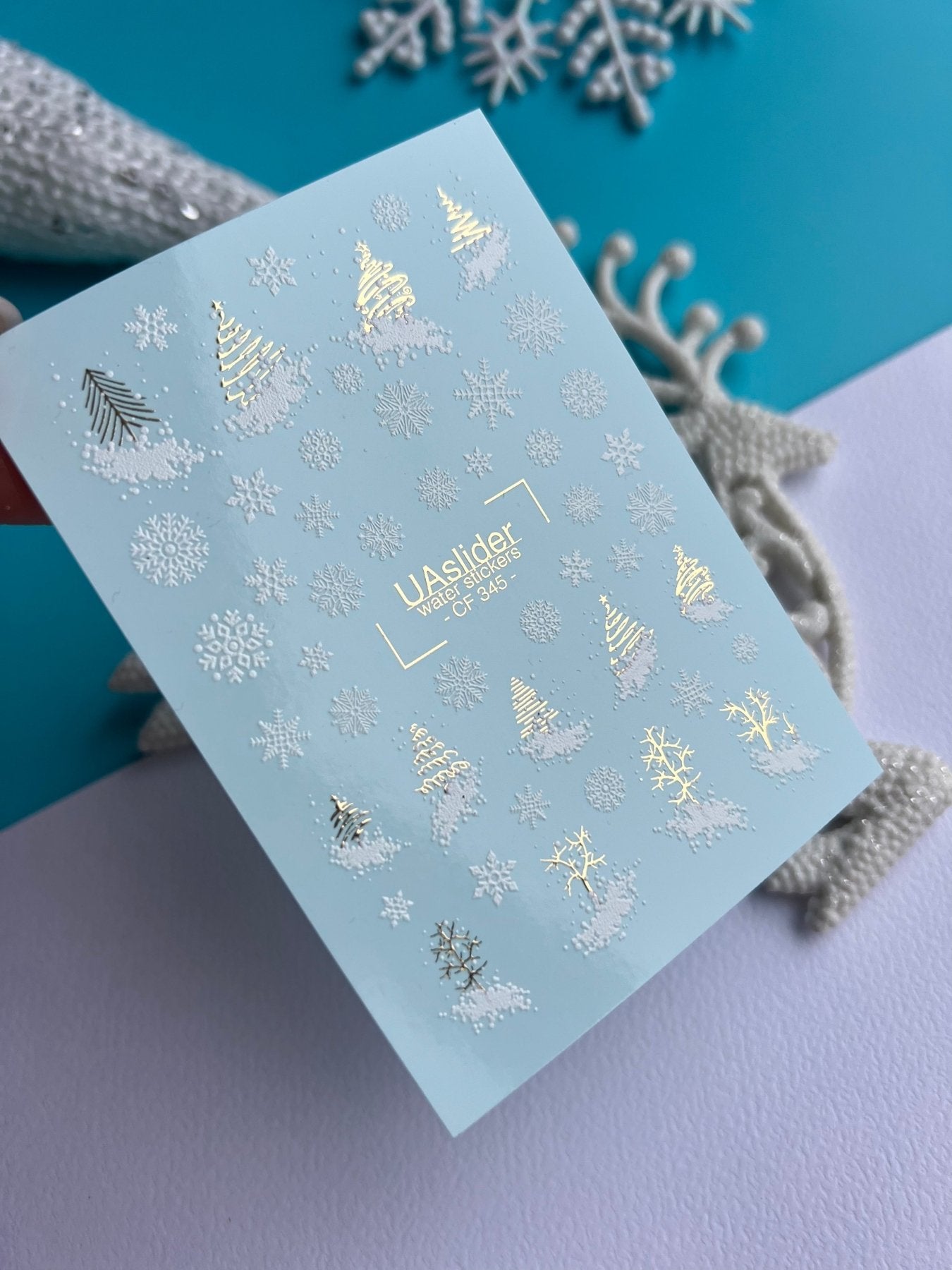 Nail Water Decal CF-345 | Water Slide Nail Decals | Christmas Trees & Snowflakes in Gold and White - UASLIDER