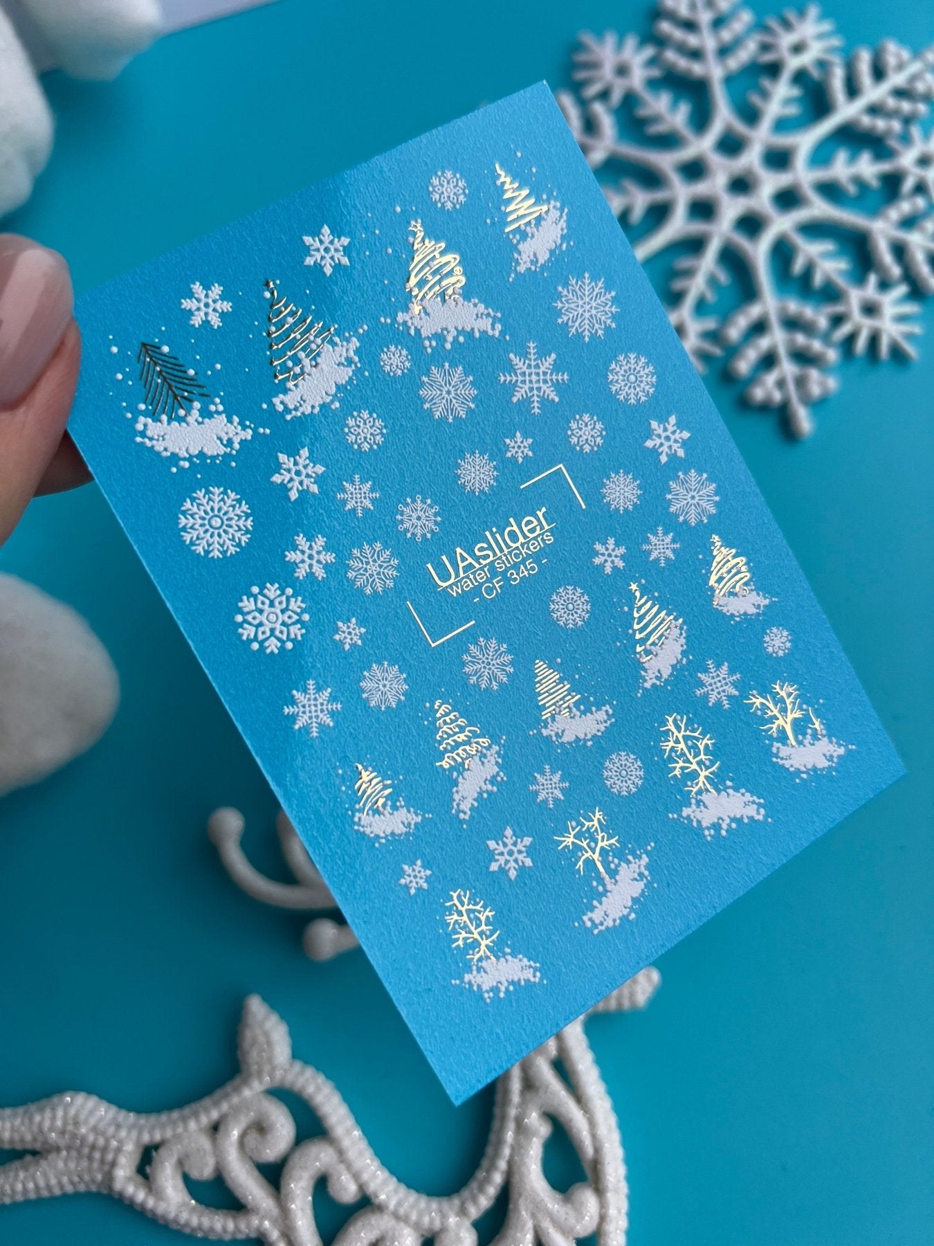 Nail Water Decal CF-345 | Water Slide Nail Decals | Christmas Trees & Snowflakes in Gold and White - UASLIDER