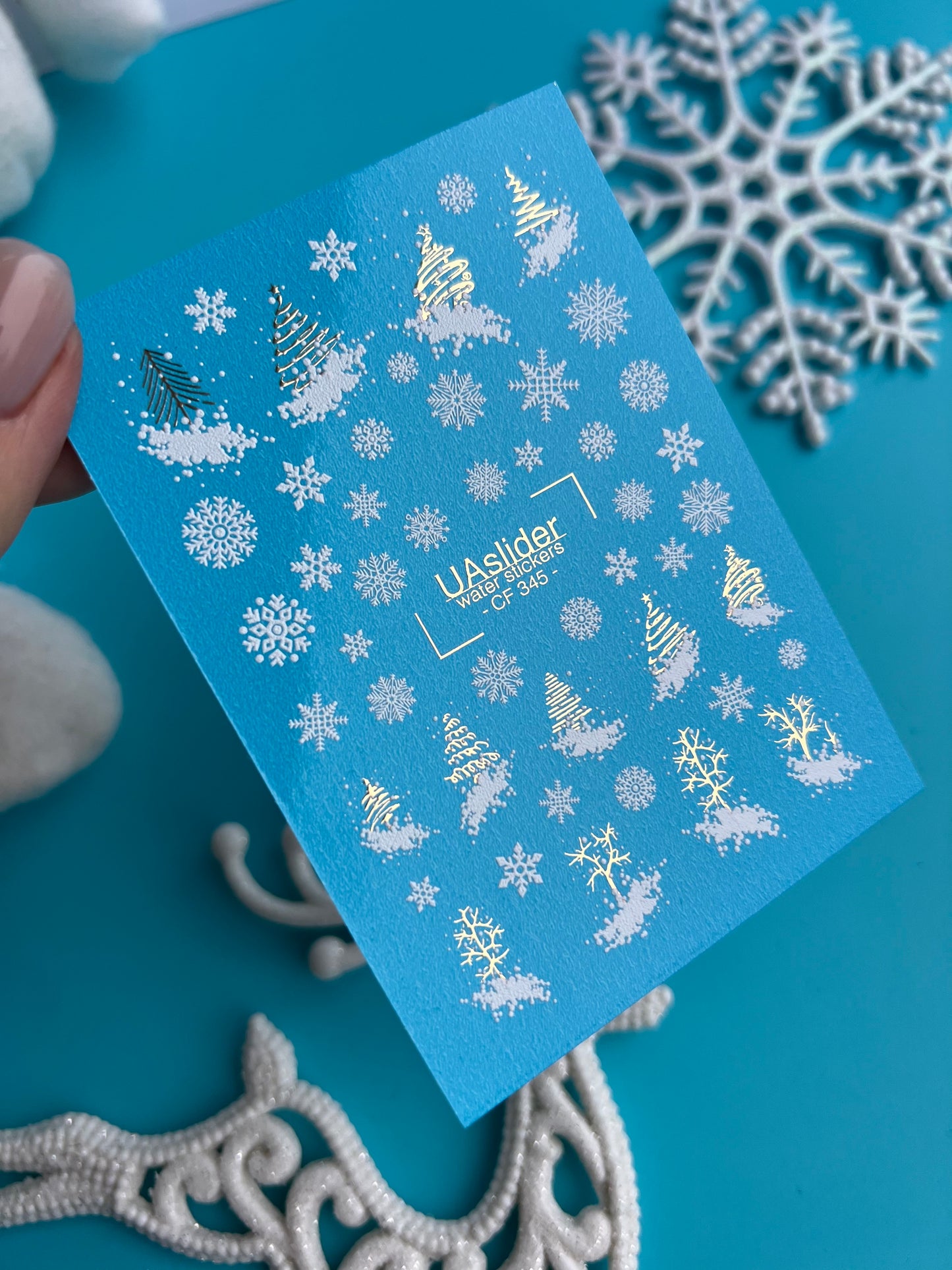 Nail Water Decal CF-345 | Water Slide Nail Decals | Christmas Trees & Snowflakes in Gold and White