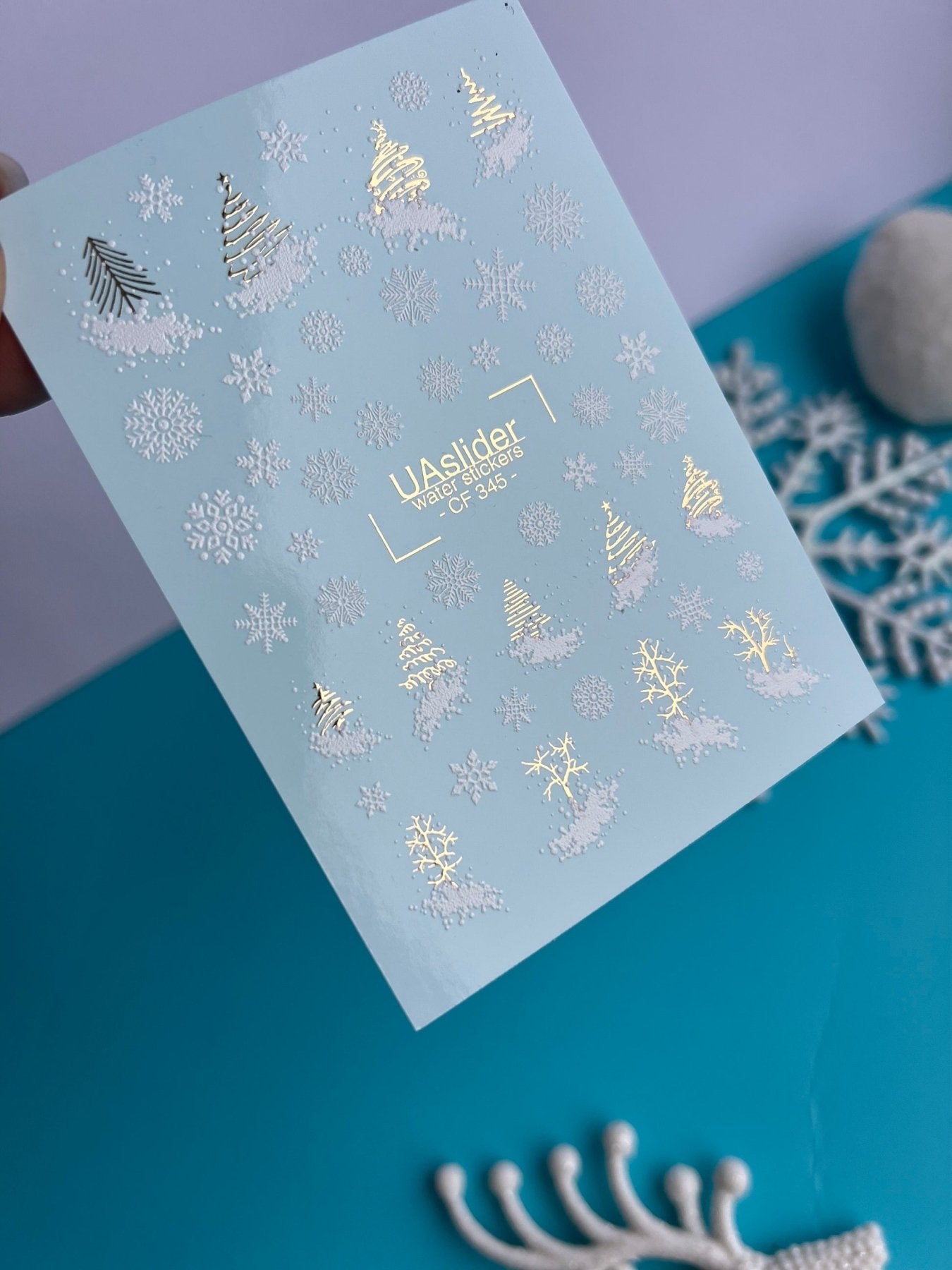 Nail Water Decal CF-345 | Water Slide Nail Decals | Christmas Trees & Snowflakes in Gold and White - UASLIDER