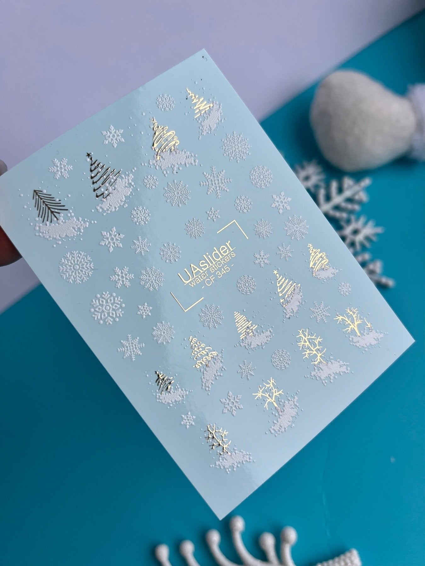Nail Water Decal CF-345 | Water Slide Nail Decals | Christmas Trees & Snowflakes in Gold and White - UASLIDER