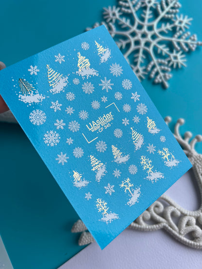 Nail Water Decal CF-345 | Water Slide Nail Decals | Christmas Trees & Snowflakes in Gold and White