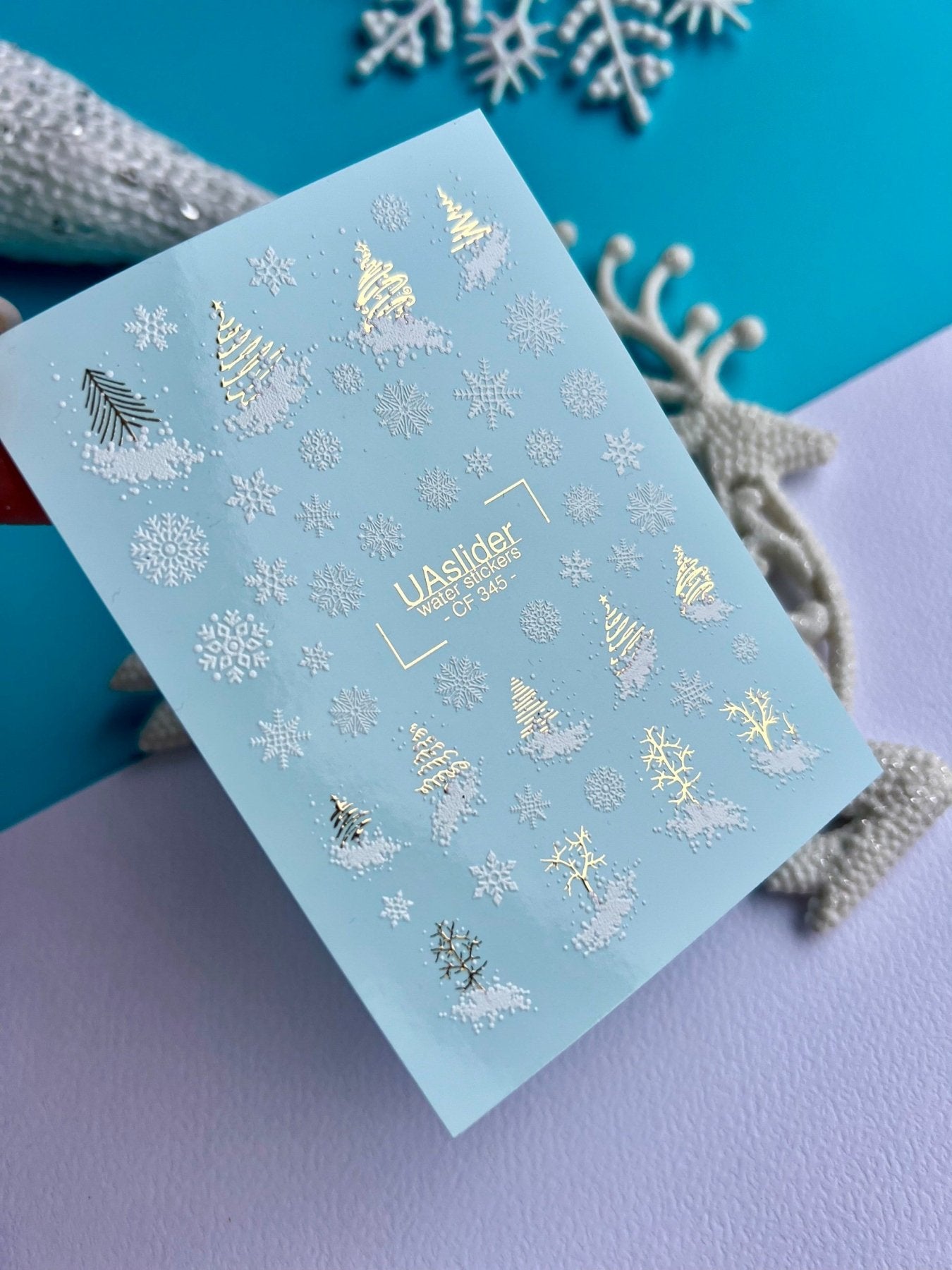 Nail Water Decal CF-345 | Water Slide Nail Decals | Christmas Trees & Snowflakes in Gold and White - UASLIDER